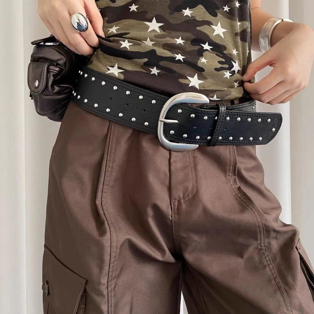Vintage Wide Leather Waistband Y2k Punk Style Belt Fashion Women Rivet Belt  Spicy Girls