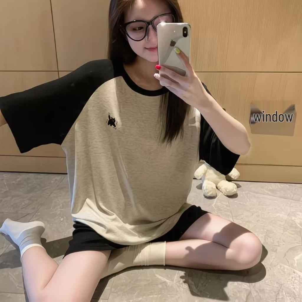 Women's Summer Cotton-Like Pajama Set: Raglan Short-Sleeve Top & Shorts with Cute Cartoon Design, Suitable for Home or Outdoor Wear