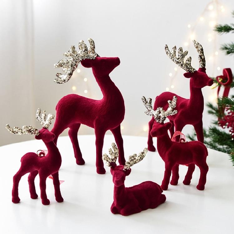 Christmas Reindeer Figurines with Glittered Antler and Feet Artificial Animal Crafts Tabletop Ornament Home Decoration