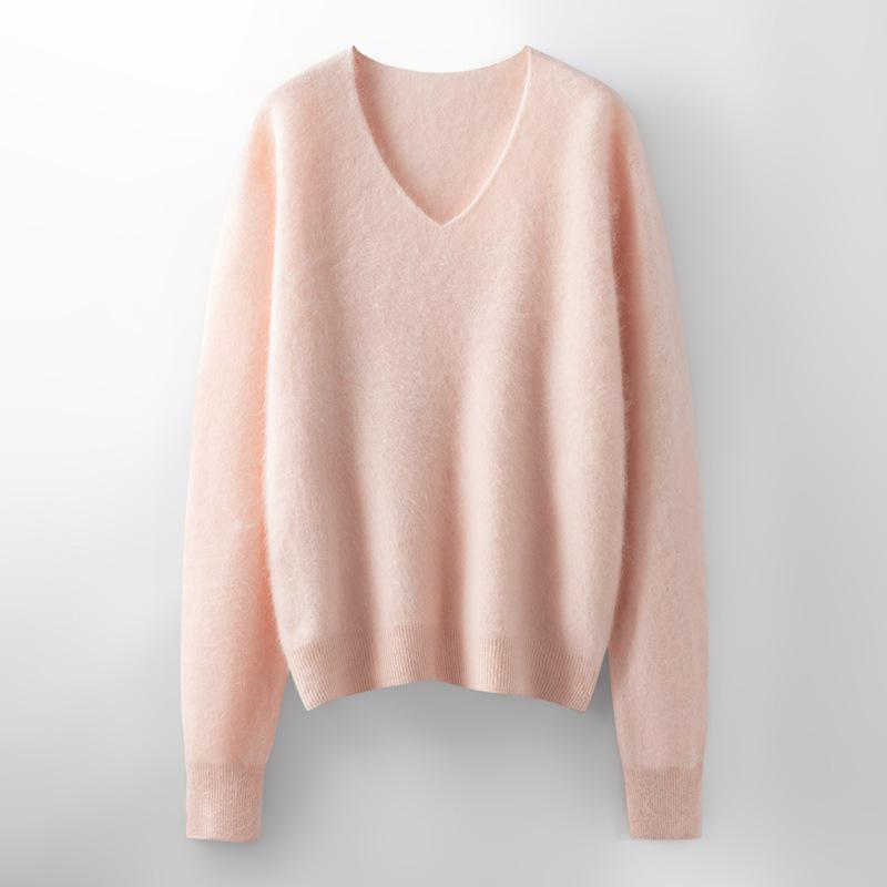 V-Neck Wool Cashmere Loose Brushed Sweater - Solid Color, Versatile, and Skin-Friendly Knitwear