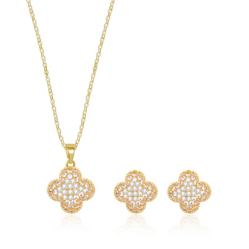 Glänzendes Perlmutt Kupfer Ohrringe & Halskette Set: Gebürstetes vierblättriges Kleeblatt-Design, nicht verblassend, luxuriöser Damenschmuck.