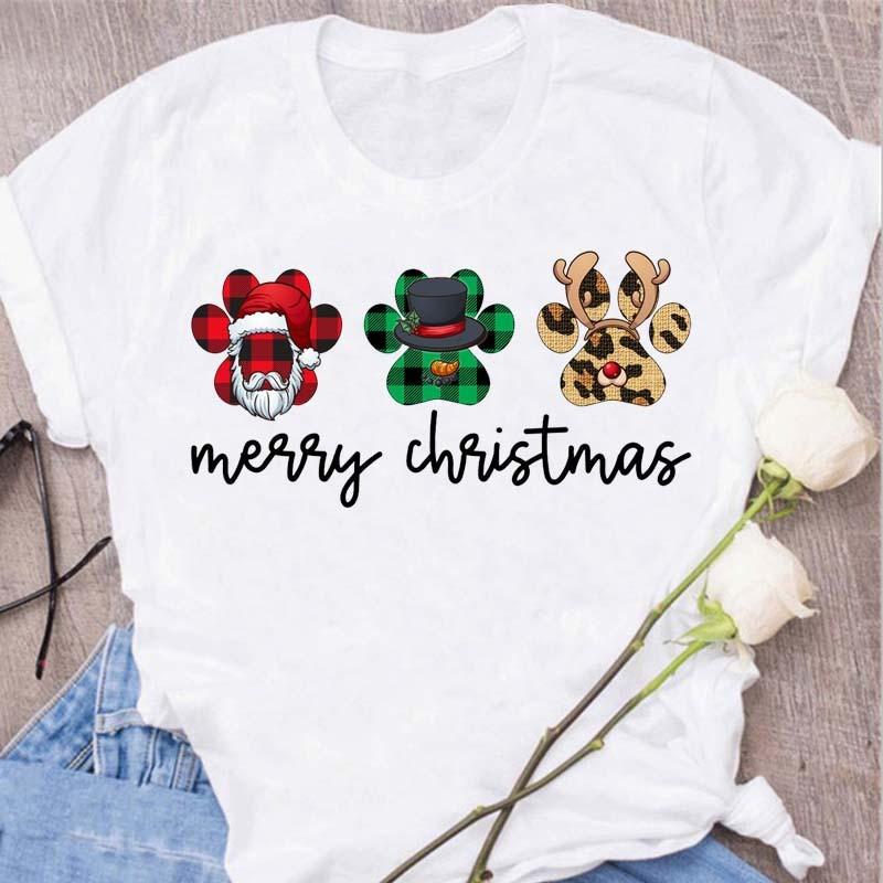 Womens Black Dog Claw Printed Tshirt Leopard Love Printed Christmas Reindeer Design Short Sleeve Casual Holiday Tshirt S
