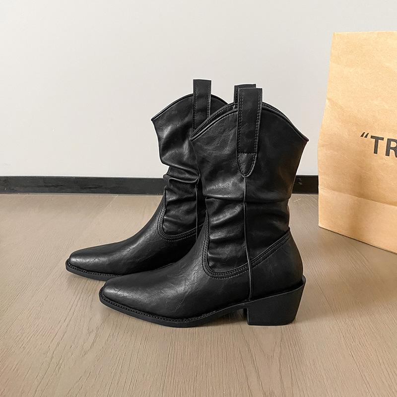 [Seasonal Clearance] Western Cowboy Boots Pointed Head Medium Tube Coarse Heel Knight Boots Sleeves High Heel Pile Short Boots Children