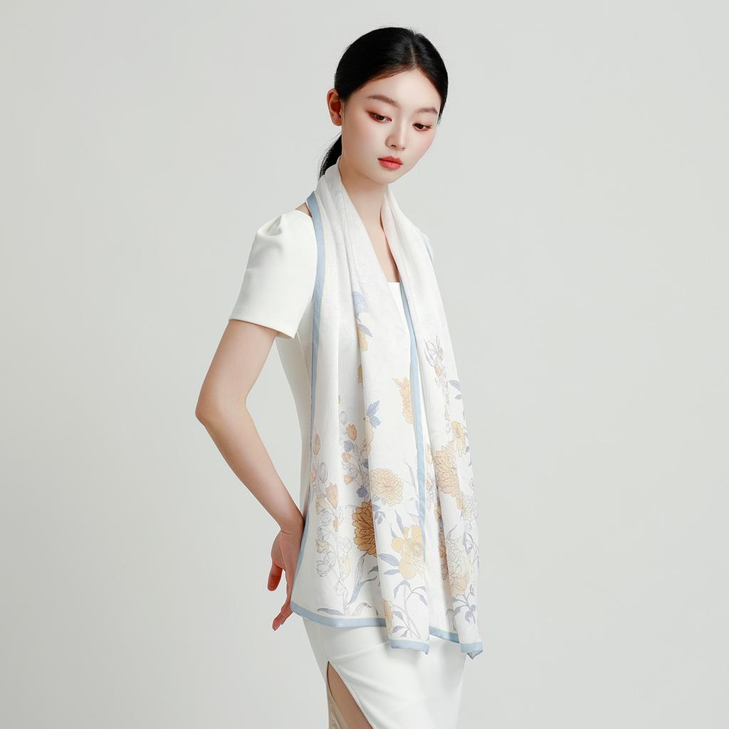 100% Mulberry Silk Noble Pearl Satin Fashion Printed Long Scarf for Women