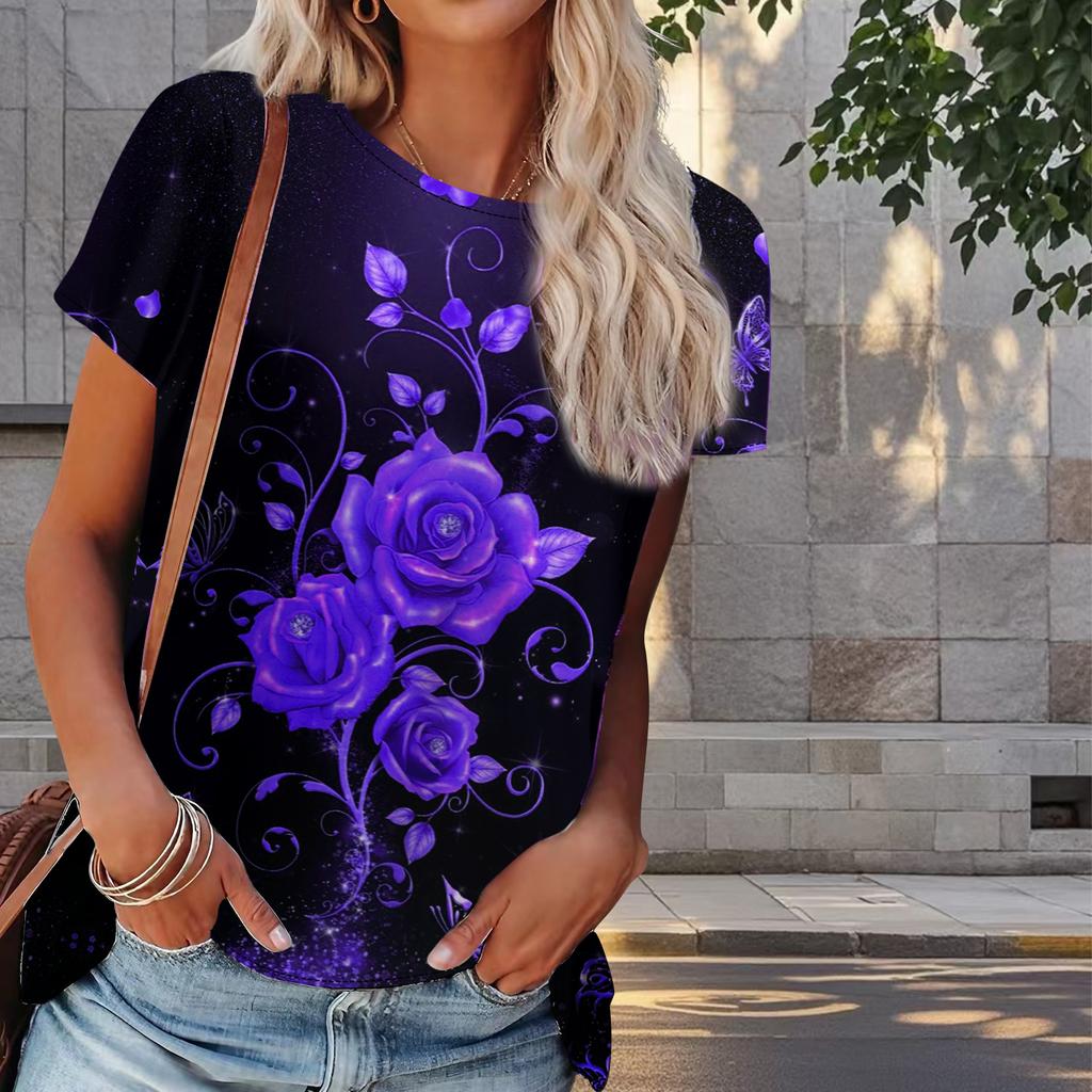 Damski Letni T-shirt z Nadrukiem Róży Retro Moda Krótki Rękaw Koszulki Casualowe Drukowane Topy