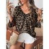 Damen Lässiger Pullover mit Leopardenmuster, V-Ausschnitt, Dreiviertelärm
