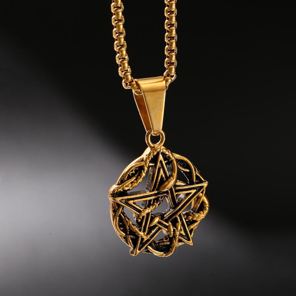 Gold & Silver Vine-Wrapped Inverted Pentagram Square Bead Choker Necklace - 304 Stainless Steel