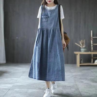 Koreanisches Retro-Denim-Westenkleid Damen Sommer Locker Mittellang Ärmellos Hoch tailliert A-Linie Kleider Damenkleidung