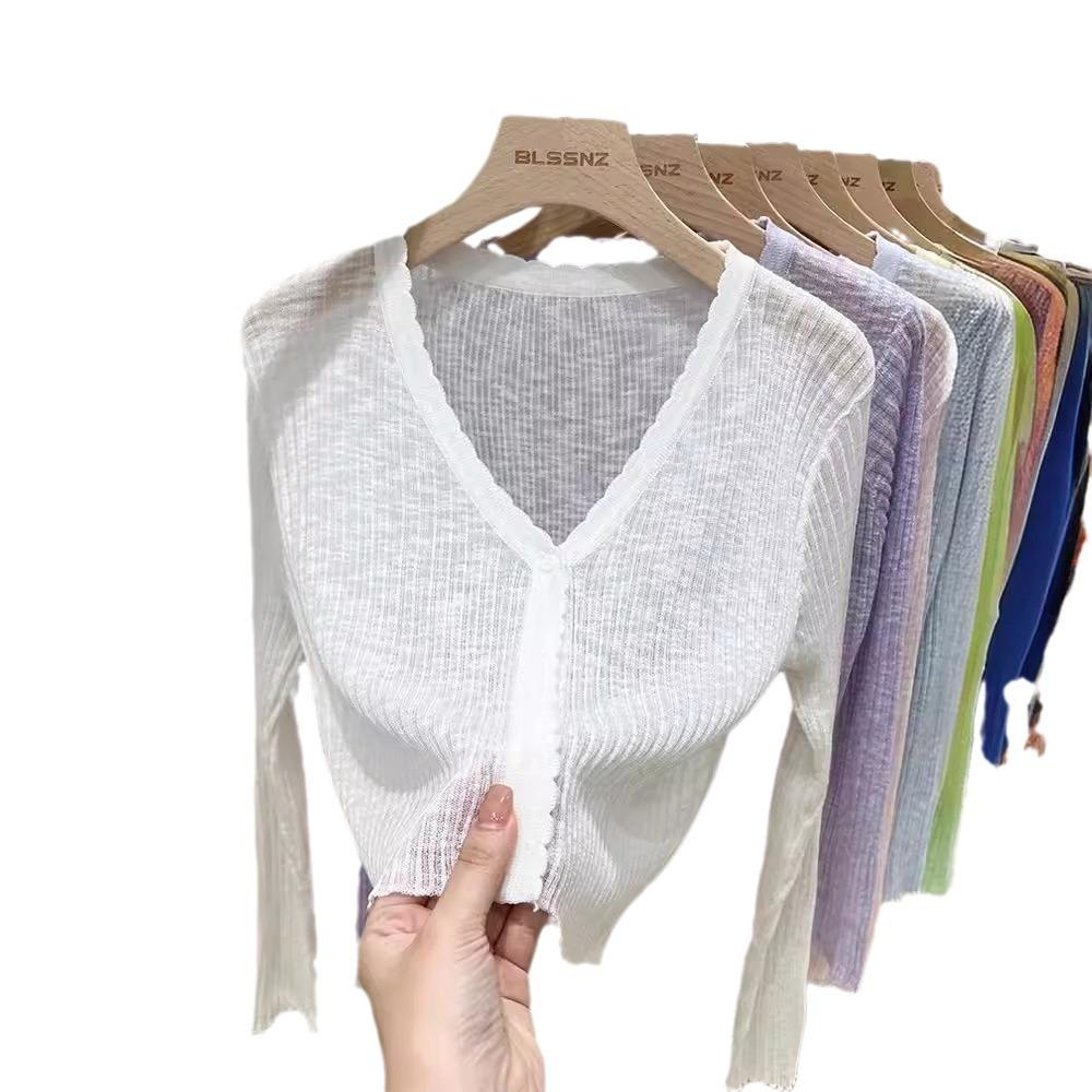 Svart Kofta med Lång Ärm i Is-Silke: Lättstickad sommartopp, Luftkonditioneringsskjorta, Solskyddssjal för kvinnor.