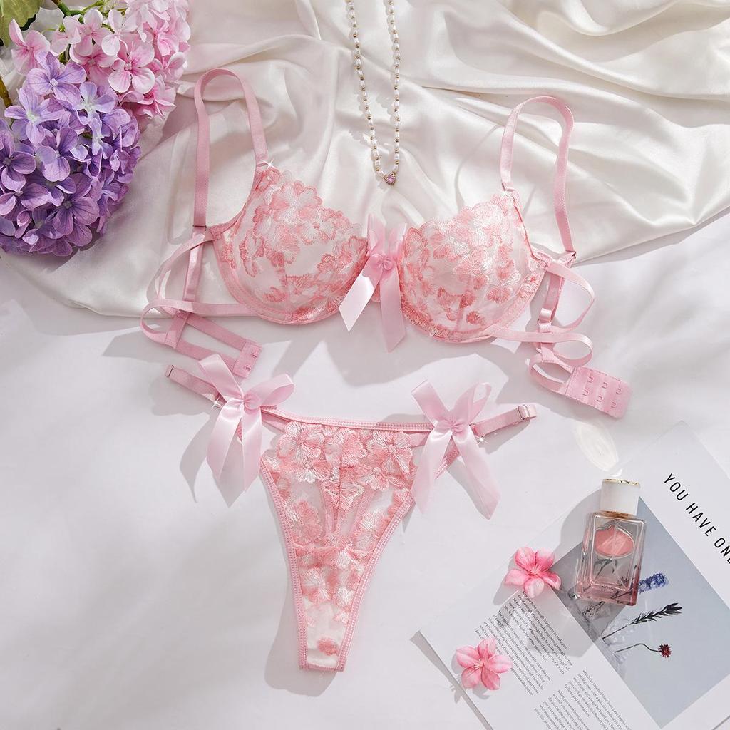 European & American Floral Embroidery Lingerie Set: Mesh Push-Up Bra & See-Through Panties