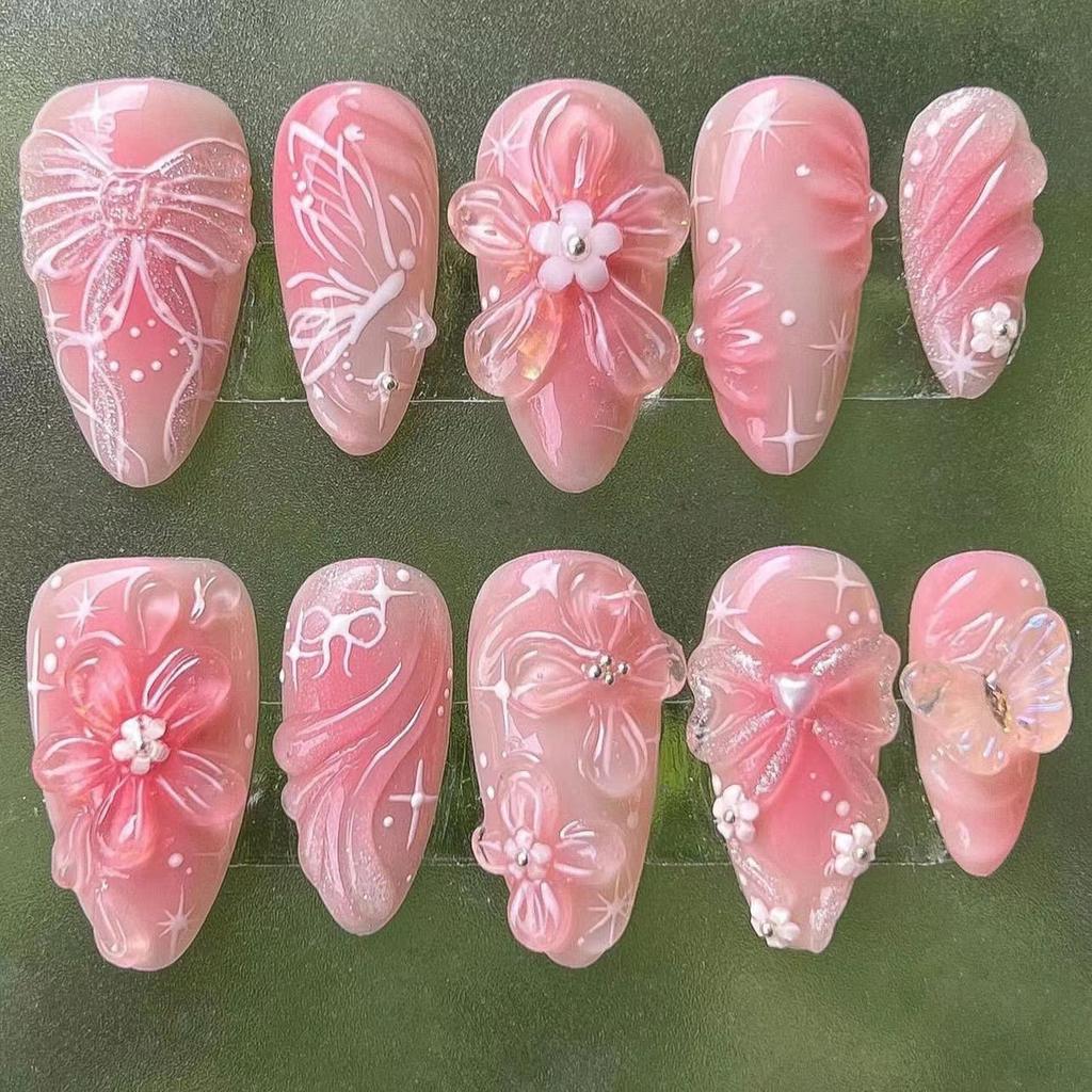 24PCS/SET 3D Red French Nail Stickers Party Wear Nails Removable Nail Art False Nails Bow Nail Art