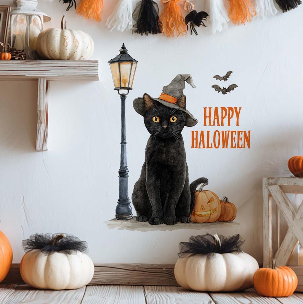 Retro Halloween Black Cat Wall Decal - Festival Elements Self-Adhesive Seamless Sticker