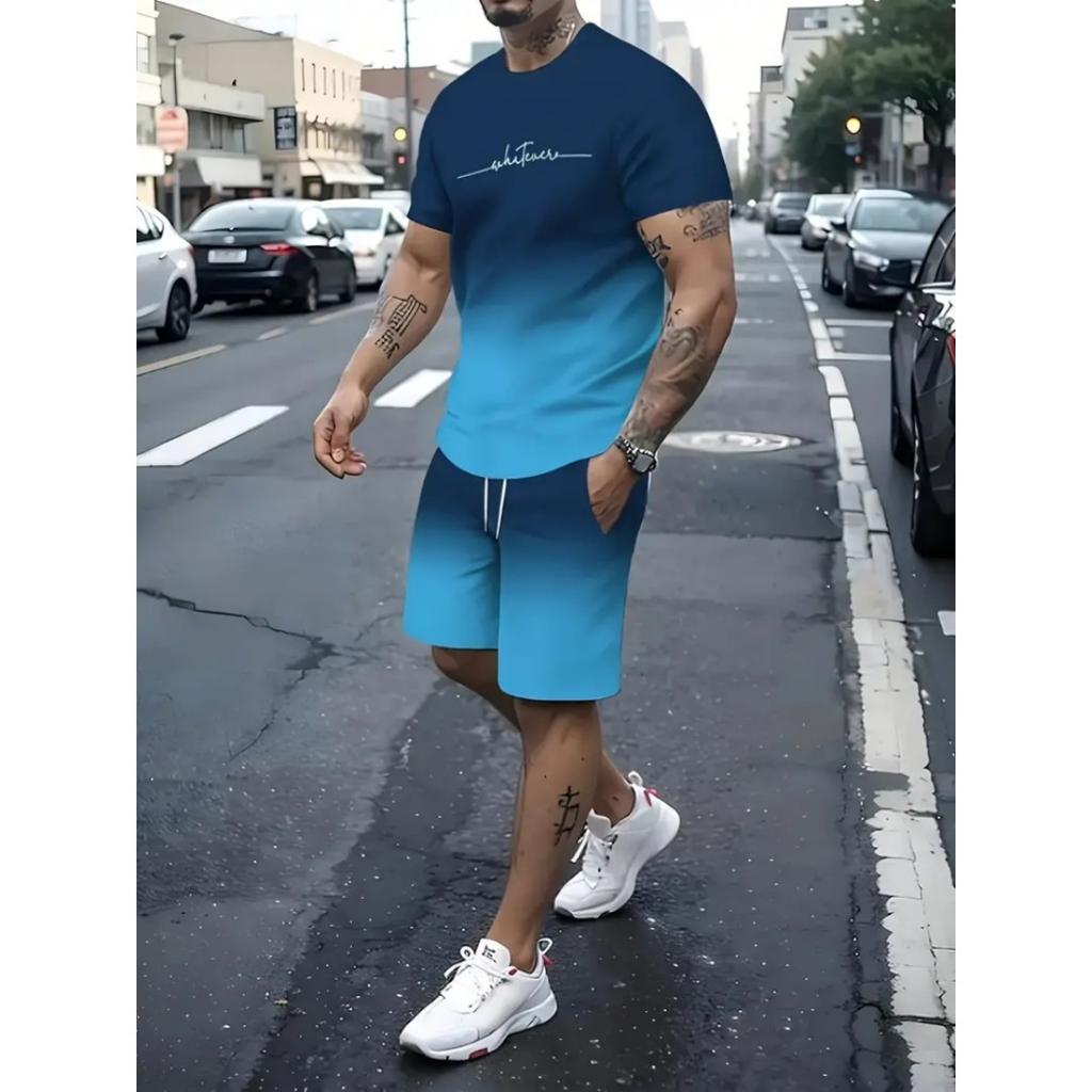 2025 Men's Short Sleeve Set Anchor Print Blue And White Summer Short Sleeve Shorts 2 Pieces Urban Fashion Street Suit