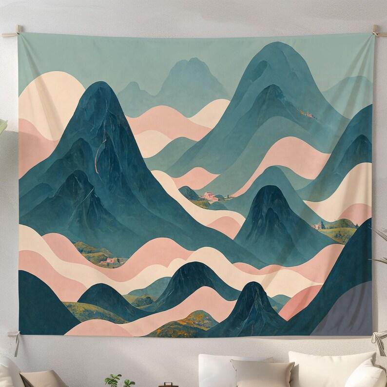 Abstract blue and pink mountains tapestry 75x100