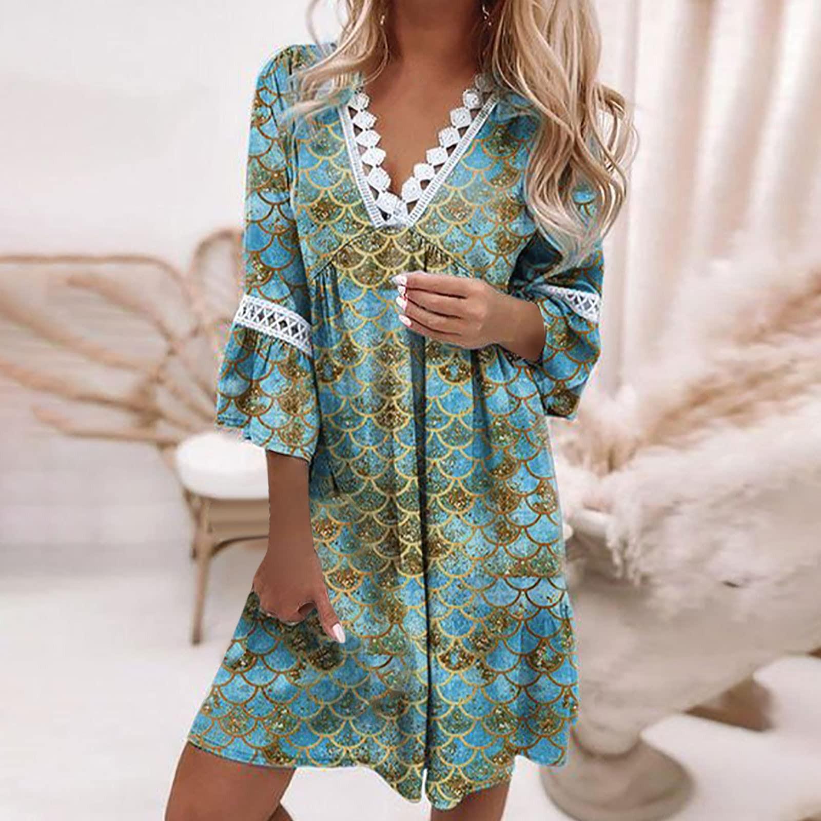 

Fashion Women s V-neck Printed Lace Patchwork Bohemian Casual Resort Dress XXL зелений