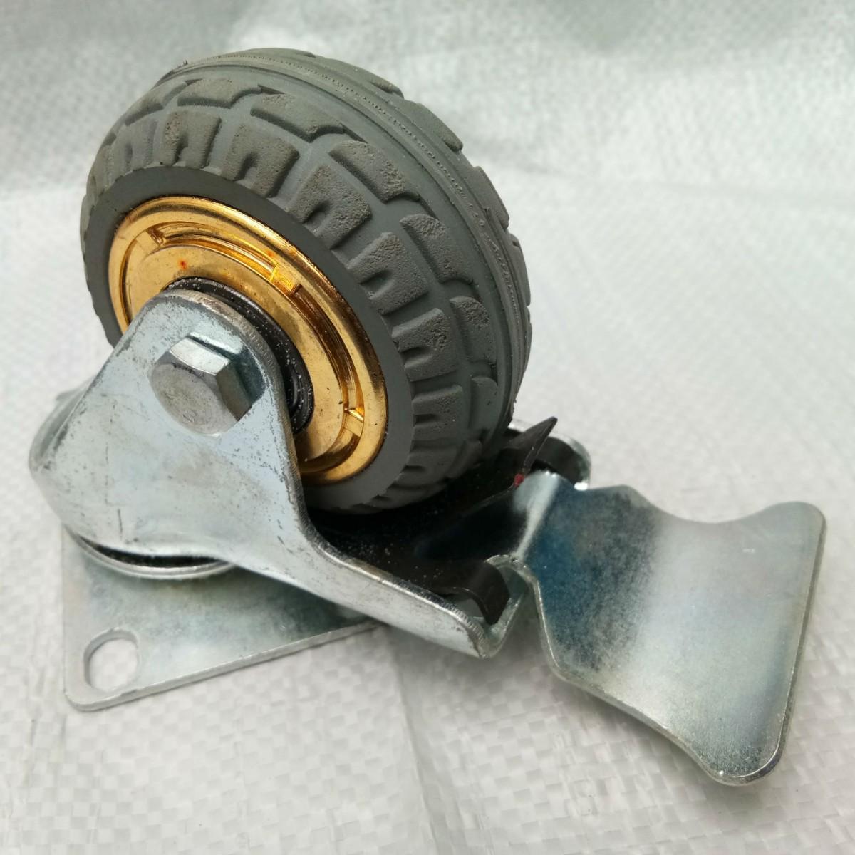Medium Duty Swivel Caster Wheel with Plate Brake, Gold and Grey Rubber, Elastic Swivel Wheel