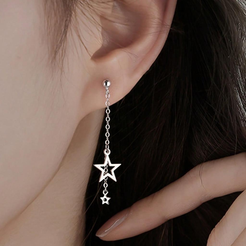 1 Pair of Star Shaped Pendant Chain Earrings, Asymmetrical Earrings, Pentagram Earrings, Exquisite Jewelry, Suitable for Daily Wear