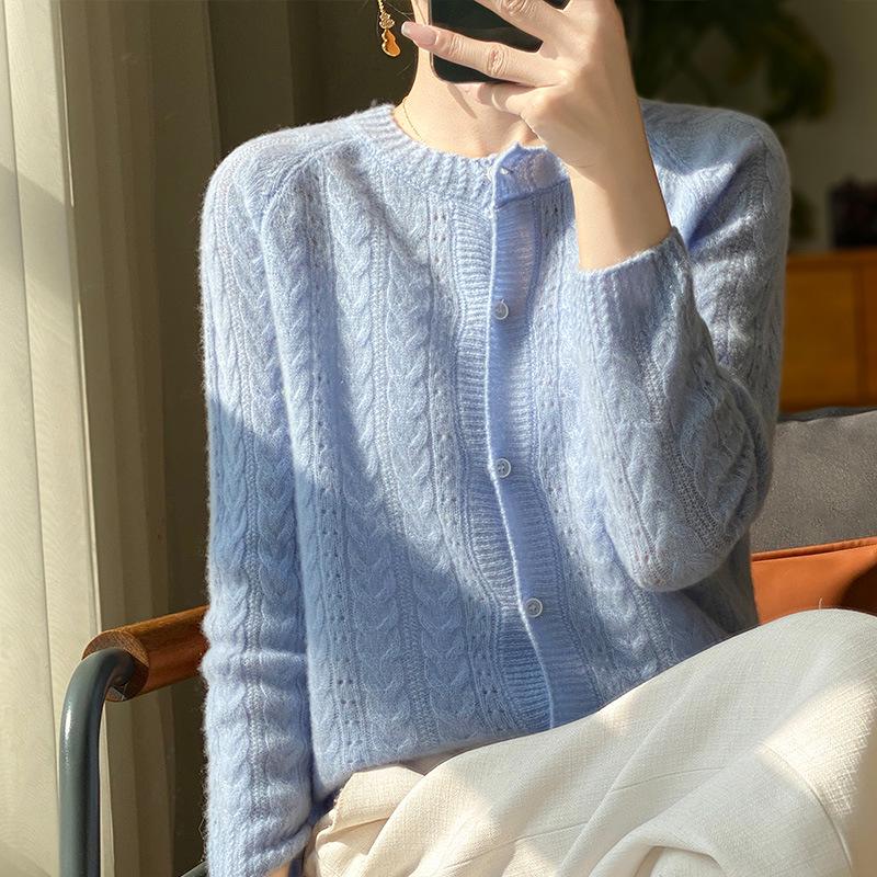 Cardigan tricotat cablu ajurat din lână 100% pentru femei - Croială lejeră pentru toamnă/iarnă