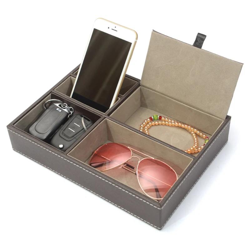 Men's Valet Tray Desktop PU Leather Wood Tray Organizer Jewelry Box Nightstand Organizer For Phone Keys Wallet Glasses Multifun
