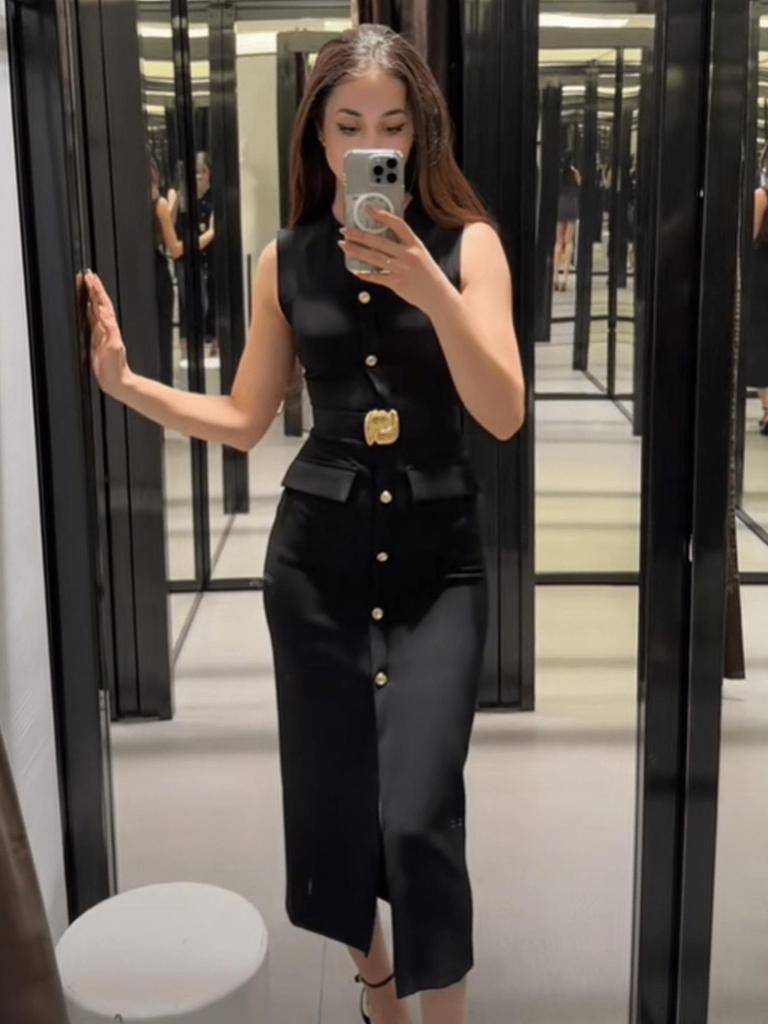 Women's European and American Style Sleeveless Midi Dress with Belt - Sexy Crew Neck for Spring