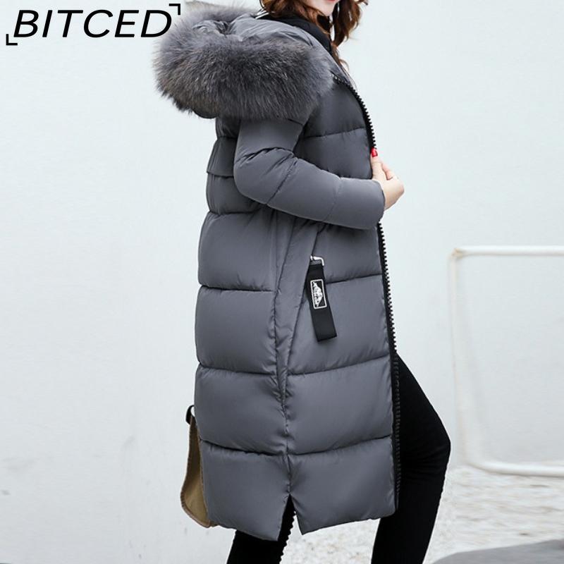BITCED Autumn/Winter Women's Long-Length Cotton Coat with Hood and Large Fur Collar Down-Filled Cotton-Blend Padded Jacket