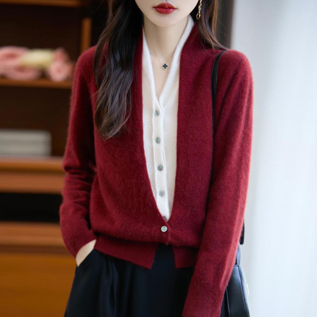 100% Wool Color Block Two-Piece Cardigan - Autumn/Winter Long Sleeve Loose Top for Women