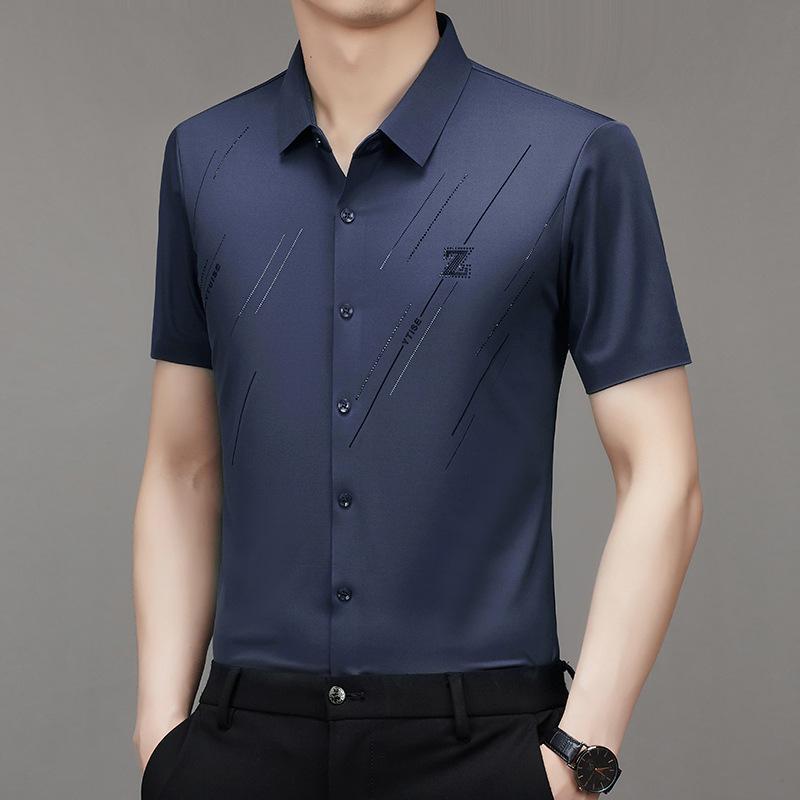Men Summer Ice Silk Short Sleeve Shirt Business Casual Wrinkle Free All-match Shirt