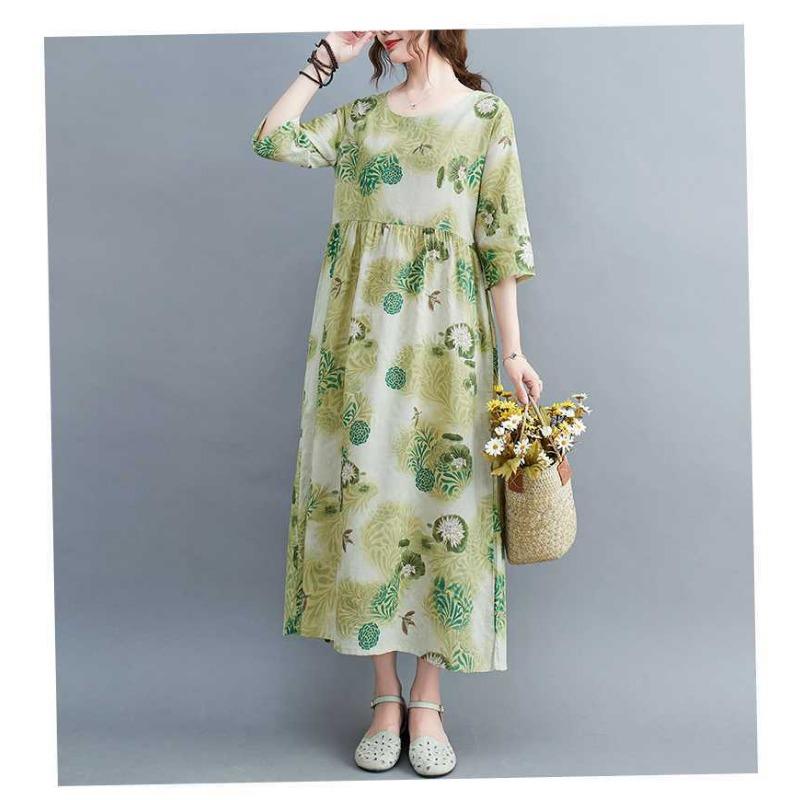 Sommer Neu Übergröße Locker Dünn Rundhals Fünf-Minuten-Ärmel Altersreduzierend Damenkleider