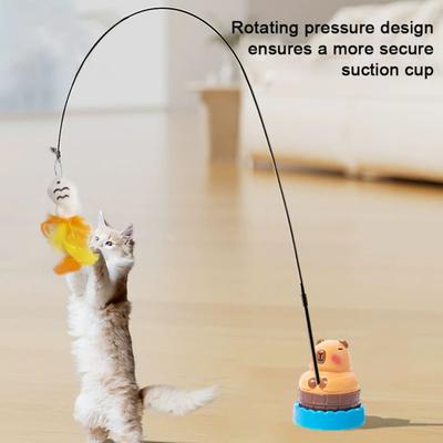 Interactive Cat Teaser Wand Cat Toy with Interchangeable Feathered Teaser Heads 360-Degree Rotating Capybara Base Cat Wand for Indoor