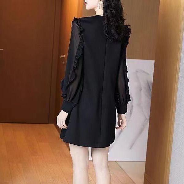 2026 Hepburn-Style Long Sleeve Black Chiffon Patchwork Plus Size Dress