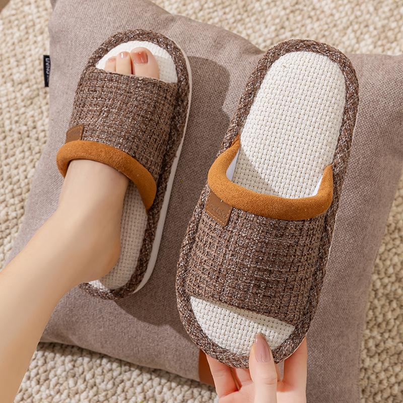 Linen slippers women's thick bottom four seasons universal indoor spring and autumn summer home use cotton and linen drag non-slip men