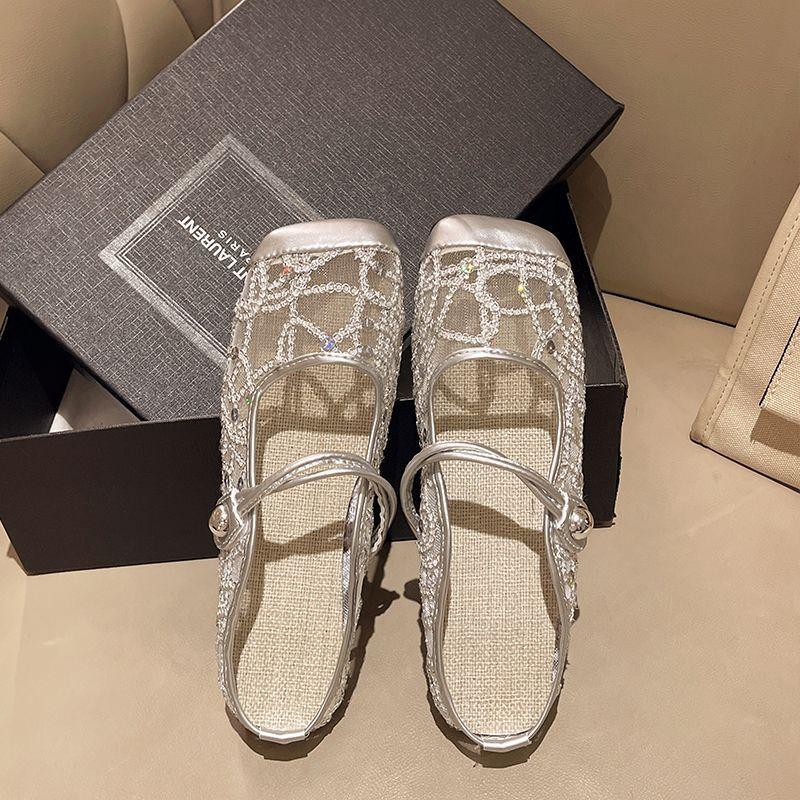 

Flat heel bag head Mary Jane cool slippers women s new sequined mesh temperament sandals with skirt half slippers 35 серебряный