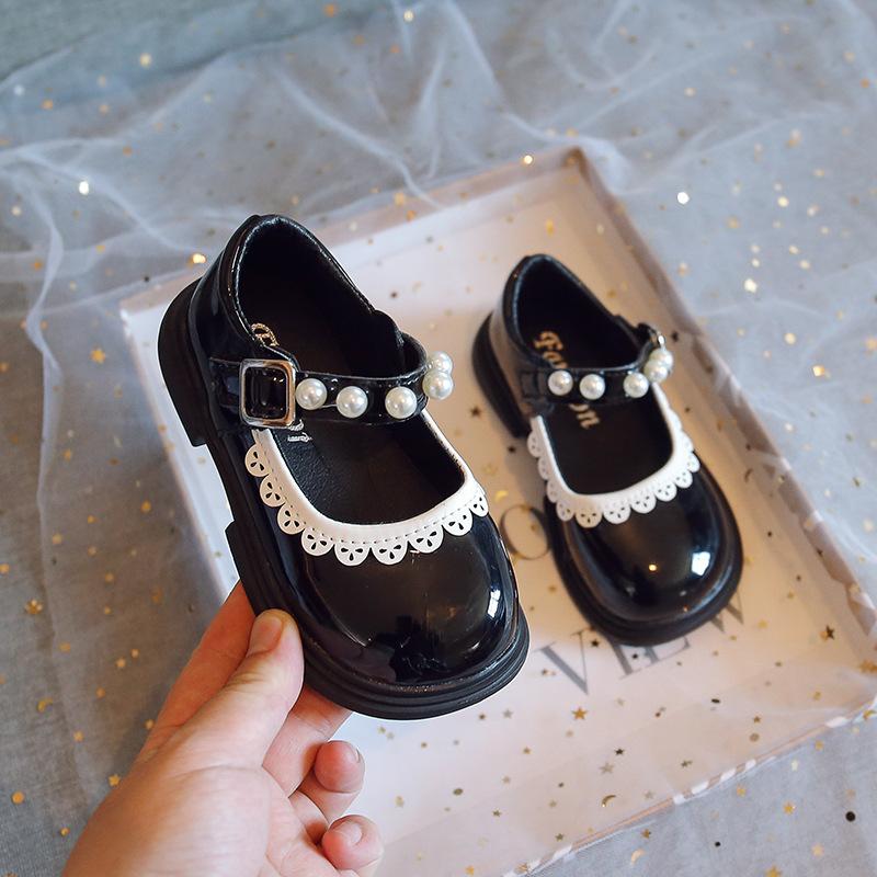 Children Lace Leather Shoes Spring Girls Pearl Cute Single Shoes Fashion Soft Bottom Princess Shoes