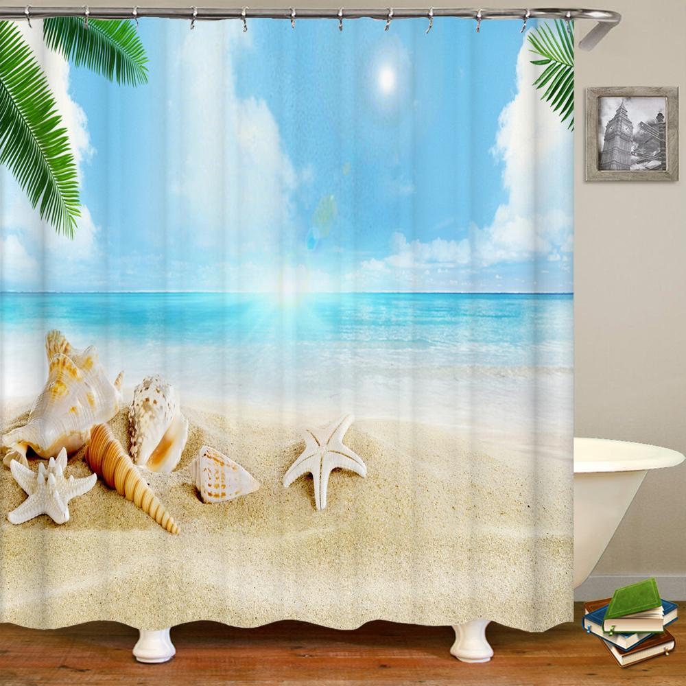 High Quality Sunny Sea Beach Scenery Fabric Shower Curtain Waterproof Printing Bath Curtains For Bathroom Decorate With Hooks
