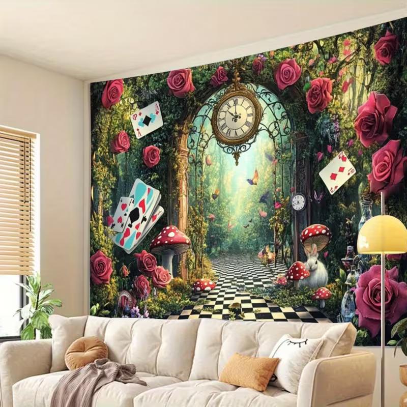 2D Fantasy Wonderland Forest Tapestry Alice Theme with Mushrooms & Cards Wall Hanging