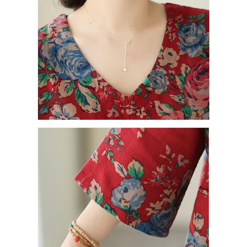 DIMANAF 2025 Summer Plus Size T-Shirt Asymmetrical Women V-Neck Loose Floral Basic Tops Tees Maxi