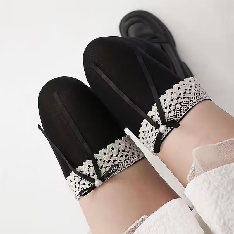 Women's Socks Lolita Lace Pearl Bow Maid White Color Simple Fashion Knee-high Thigh-high Socks Cute Kawaii For Girls Funny Socks