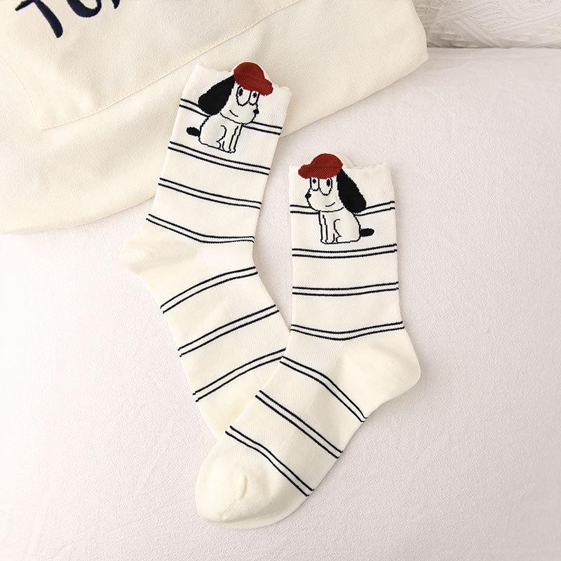 Dongdaemun Cartoon Puppy Mid-Tube Socks For Women, Breathable Thin Boneless With Small Leather Shoes And Cotton Socks