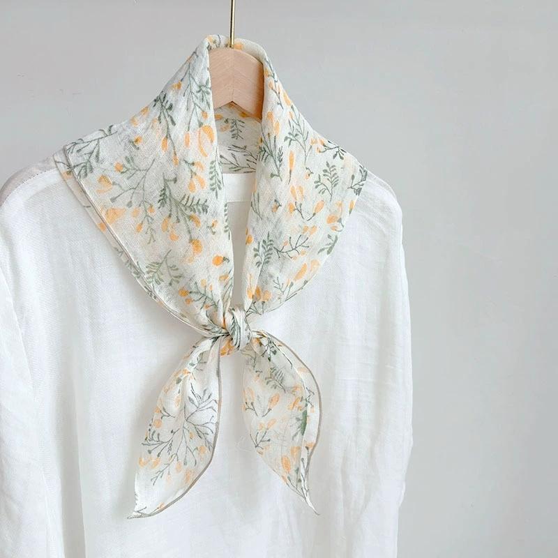 Spring And Summer 100% Linen Floral Thin Neck Scarves Square Scarf Neckerchief 70*70cm Office Hijab Headband Female Foulard
