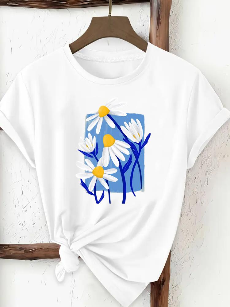 

(Asian Size) Women Clothing T Shirt Woman Print Tee Top Fashion love sweet flower floral Female Short Sleeve Graphic T-shirts S