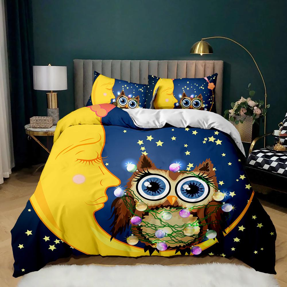 Eulen Bettwäsche Set King Size Niedliche Eule und Sterne Dekor Bettbezug Weltall Bettbezug Kinder Jungen Mädchen Polyester Steppdeckenbezug