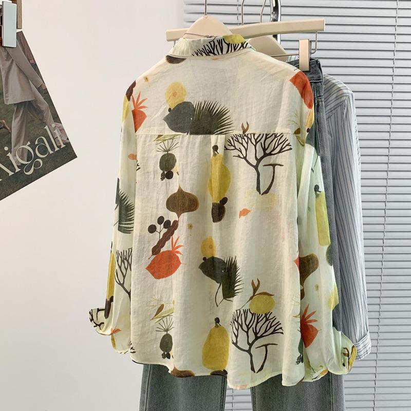 Spring Autumn Vintage Floral Printing Long Sleeve Shirt Women Polo-neck All-match Cardigan Blouse Female Top
