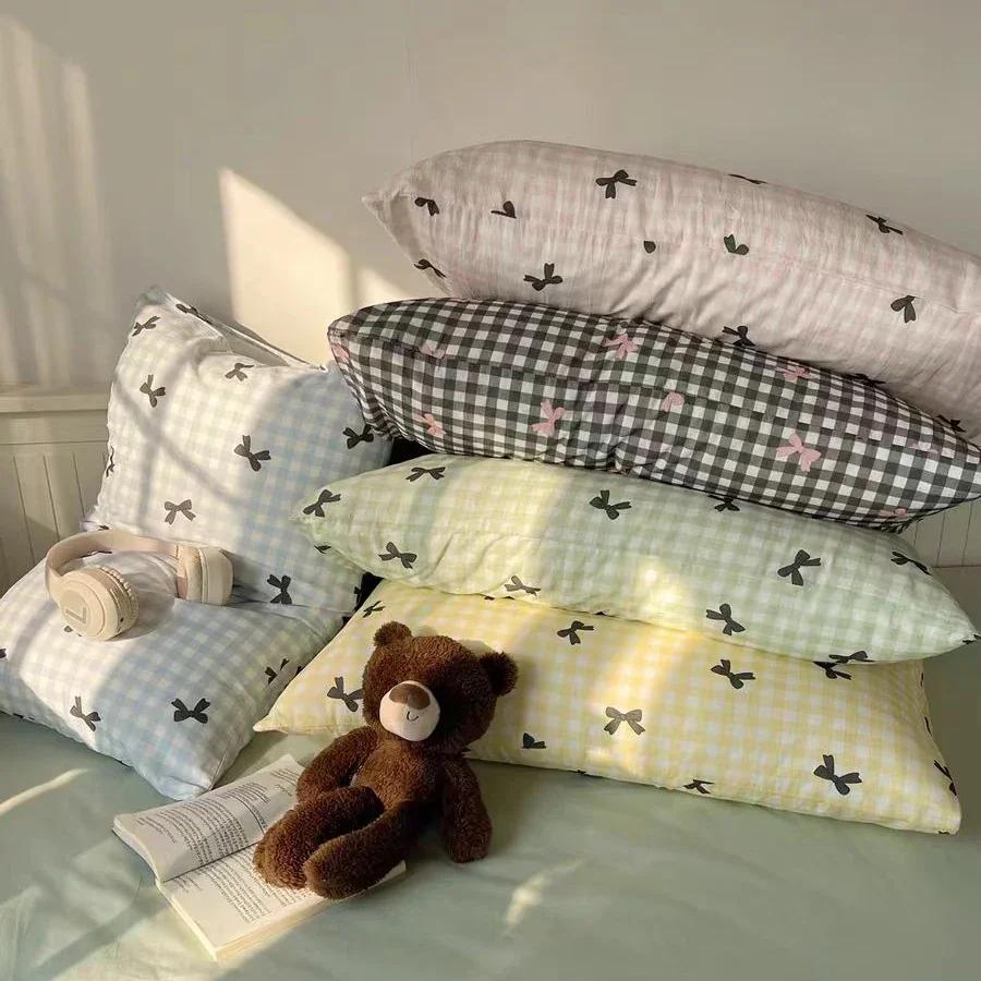 Plaid Bow Knot Pillow Cover Korean Y2k Fashions Girlish Heart Blackpink Room Decor Sleeping Pillow Cover Bedroom Decoration Gift