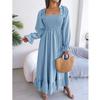 Women's Casual Color Square Neck Flared Sleeves, Large Swing Ruffle Edge Long Skirt Dress