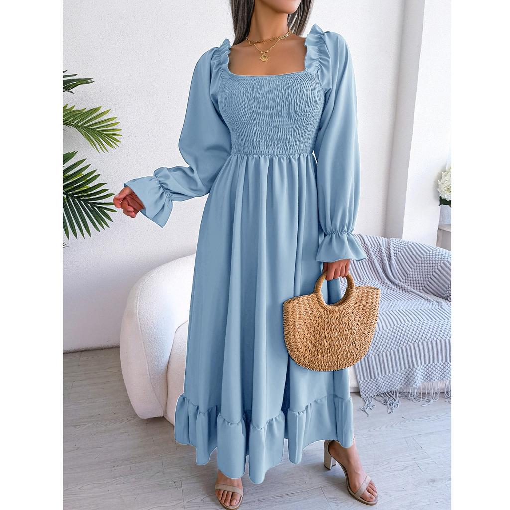 Women's Casual Color Square Neck Flared Sleeves, Large Swing Ruffle Edge Long Skirt Dress