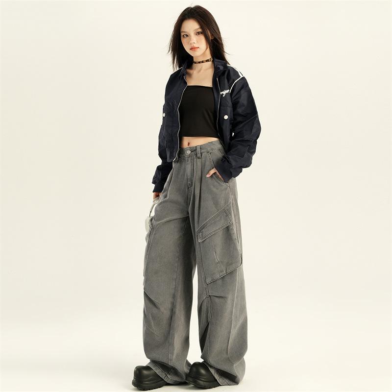 

Джинсы рабочие брюки для женщин весной новый стиль, персонализированные и модные, свободные брюки с высокой талией широкие брюки для женщин весной стиль 2XL