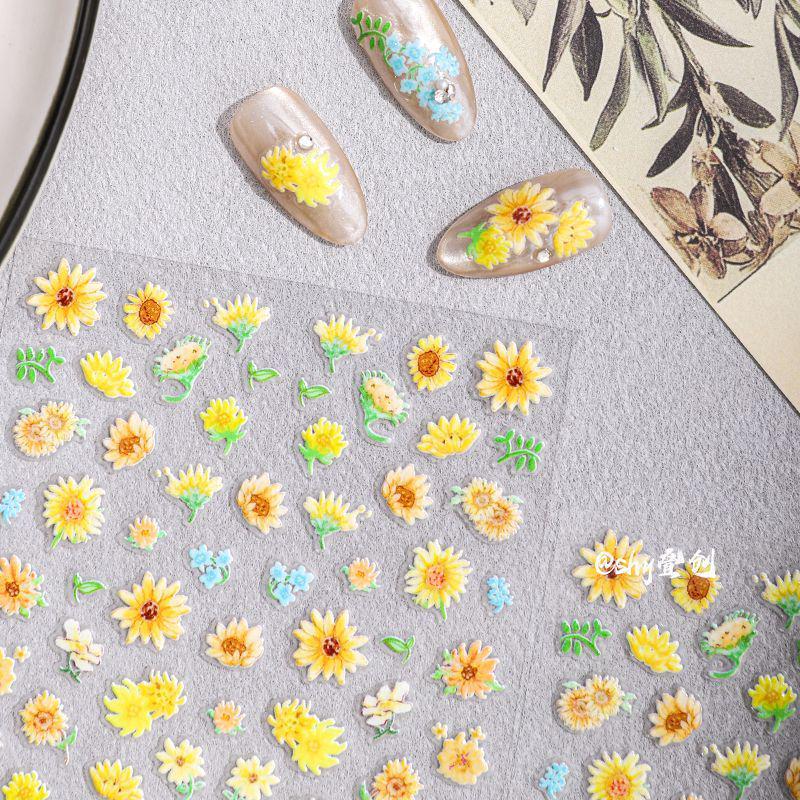Cyan Sea Fresh Sunflower Embossed Nail Art Stickers - Colorful Flower Decals