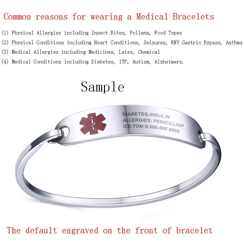 Vnox Free Engraving Medical Alert Bracelet Non Allergenic Surgical Steel ID Cuff Bangle Bracelets for Women Jewelry