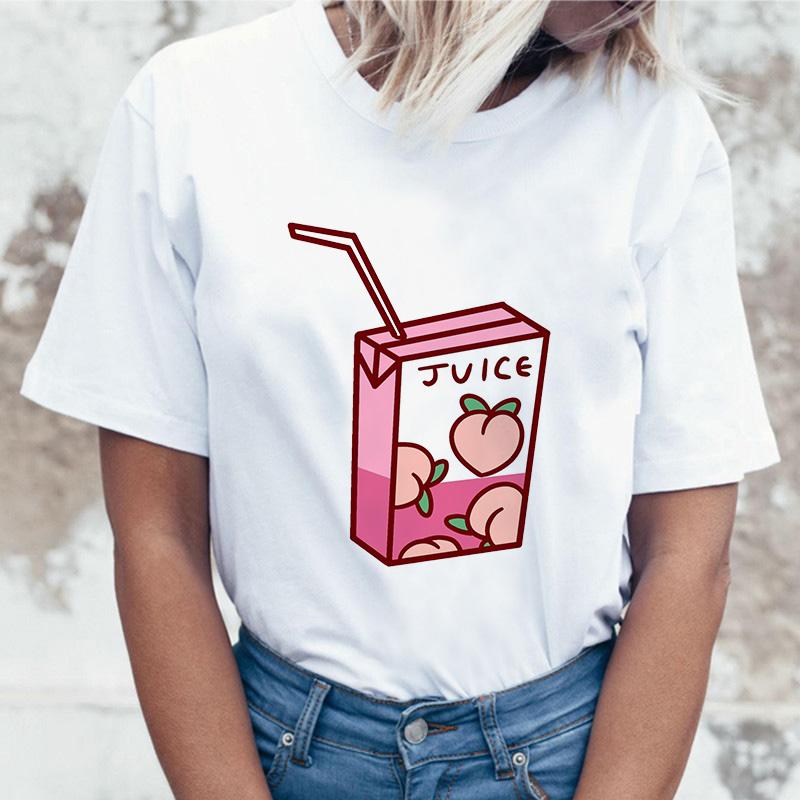 Peach Juice T Shirt Women Japanses Aesthetic Grunge T-Shirt Women Girls 90S Kawaii White Tee Summer Casual Fashion Top