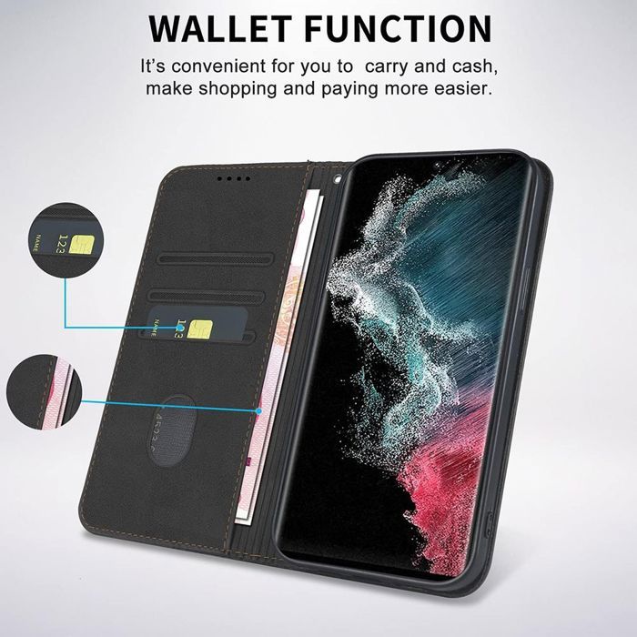 Coque - BOOLING® - pour Samsung Galaxy S22 - Flip Protection- Effet Cuir Noir + 2 Verres Trempés